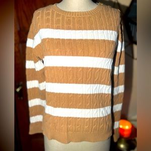 Charter Club Women Stripe Crew Neck Sweater With Button Shoulder | Tan | White |